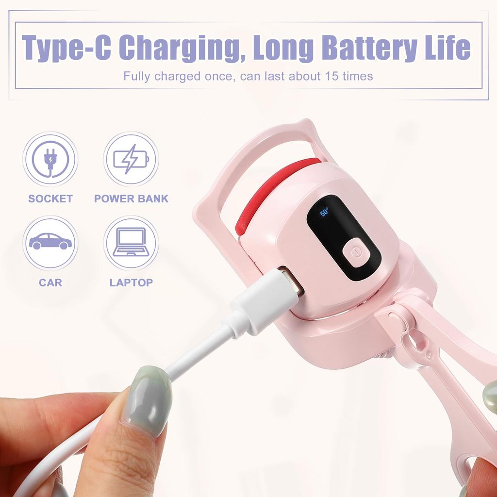 VOCOSTE Heated Eyelash 3 Heating Rechargeable Eyelash Curler with Digital Electric Eyelash Curler that Lifts and Curls Pink Curler, Modes, Display,