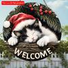 2d Düz Noel Hoş Geldin İşareti - 20x20 Cm, Ahşap Yuvarlak Asılı Süsleme Uyuyan Kedi Tasarımı ile, Çelenk Aksanları için Mükemmel, Yeni