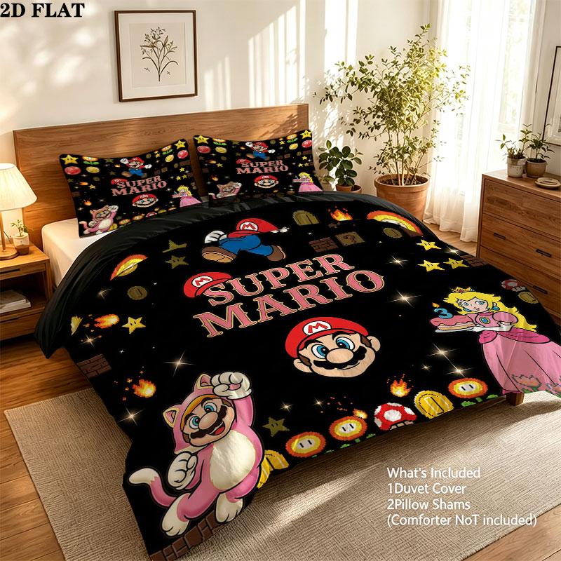 Super Mario Pattern Bedding Quilt Set Quilt Cover Pillowcase Home Birthday Gift(1 * duvet cover + 2 * pillowcase, without core)