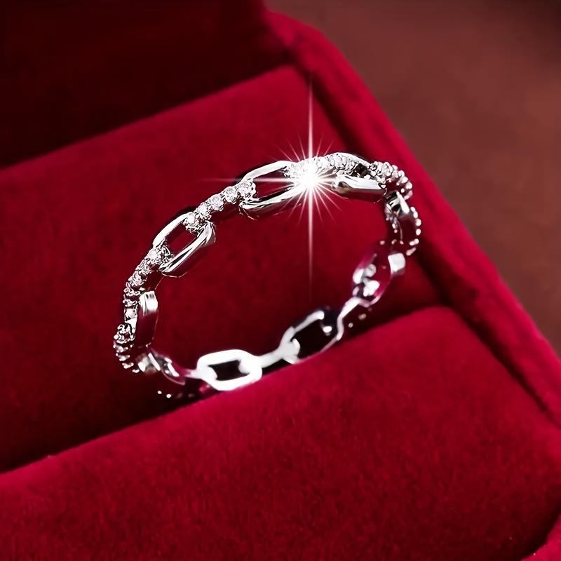 Classic Chain Shaped Women Silver Color Ring Inlaid Shiny Cubic Zirconia Trendy Party Daily Versatile Elegant Jewelry
