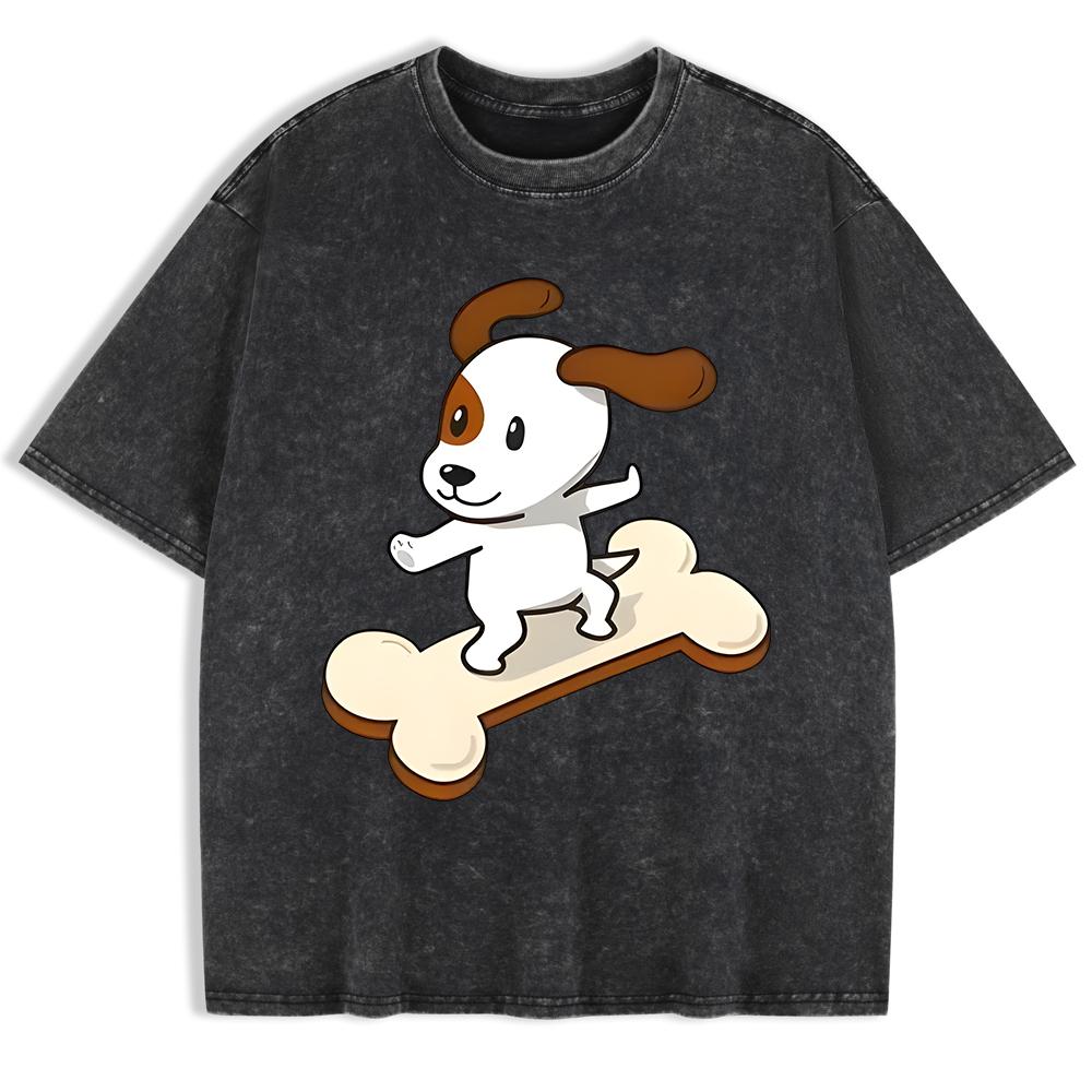 Cartoons Puppy Printing Washed T-Shirts Mens Cotton Oversize T Shirt Summer O-Neck Short Sleeve Tops Basic Soft MenClothes