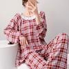 Spring and Summer New Plaid Printing Crew Neck Lace Long-sleeved Trousers Pajamas Set Women's Loungewear Loose Spot