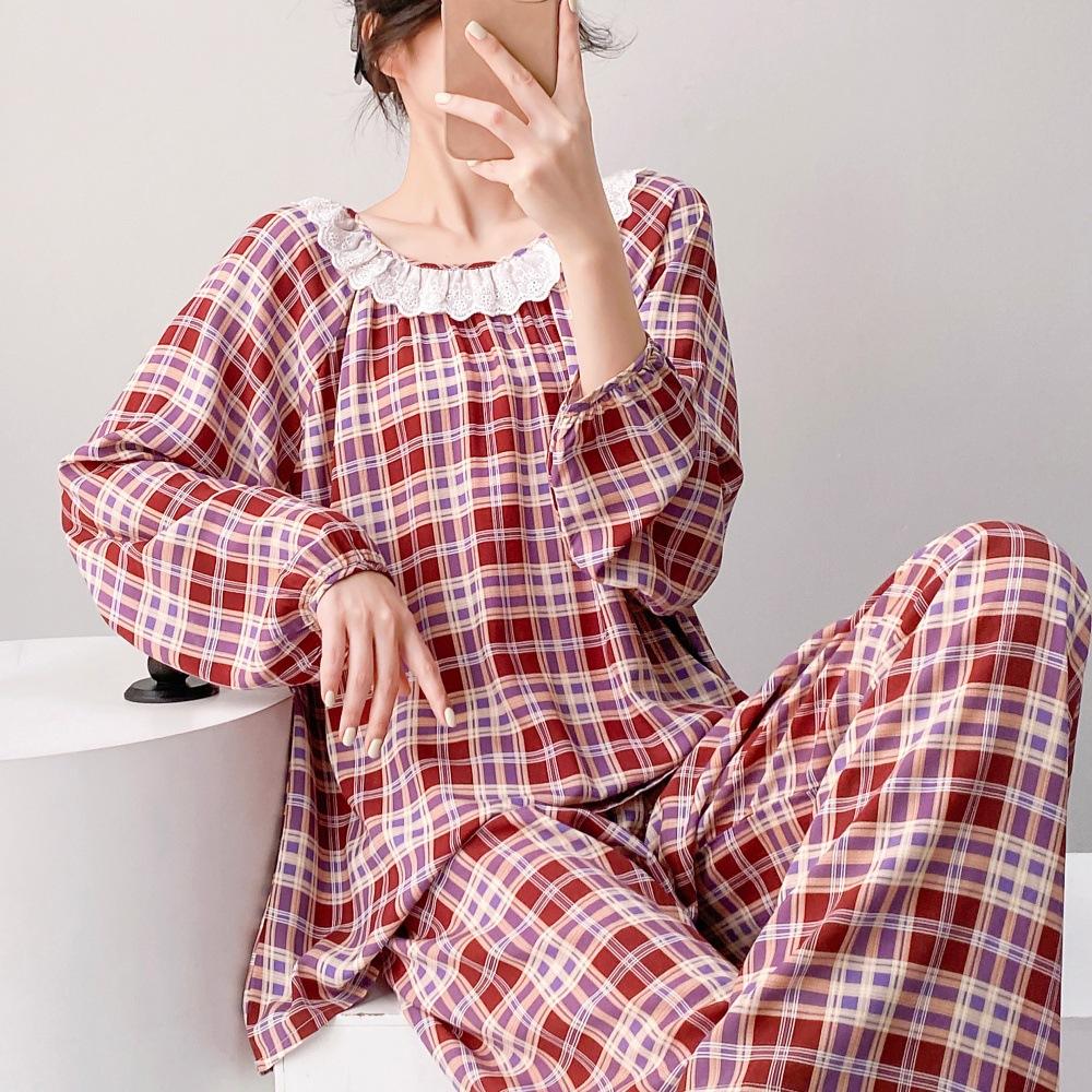 Spring and Summer New Plaid Printing Crew Neck Lace Long-sleeved Trousers Pajamas Set Women's Loungewear Loose Spot
