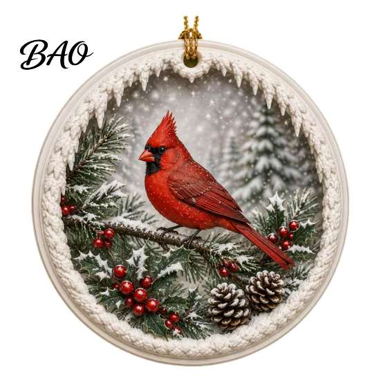 Christmas Party Supplies Acrylic Red Bird Ornament, Snow Scene Pattern Xmas Tree Lightweight Decor Hanging Decor, Retro Round Pendant for Winter
