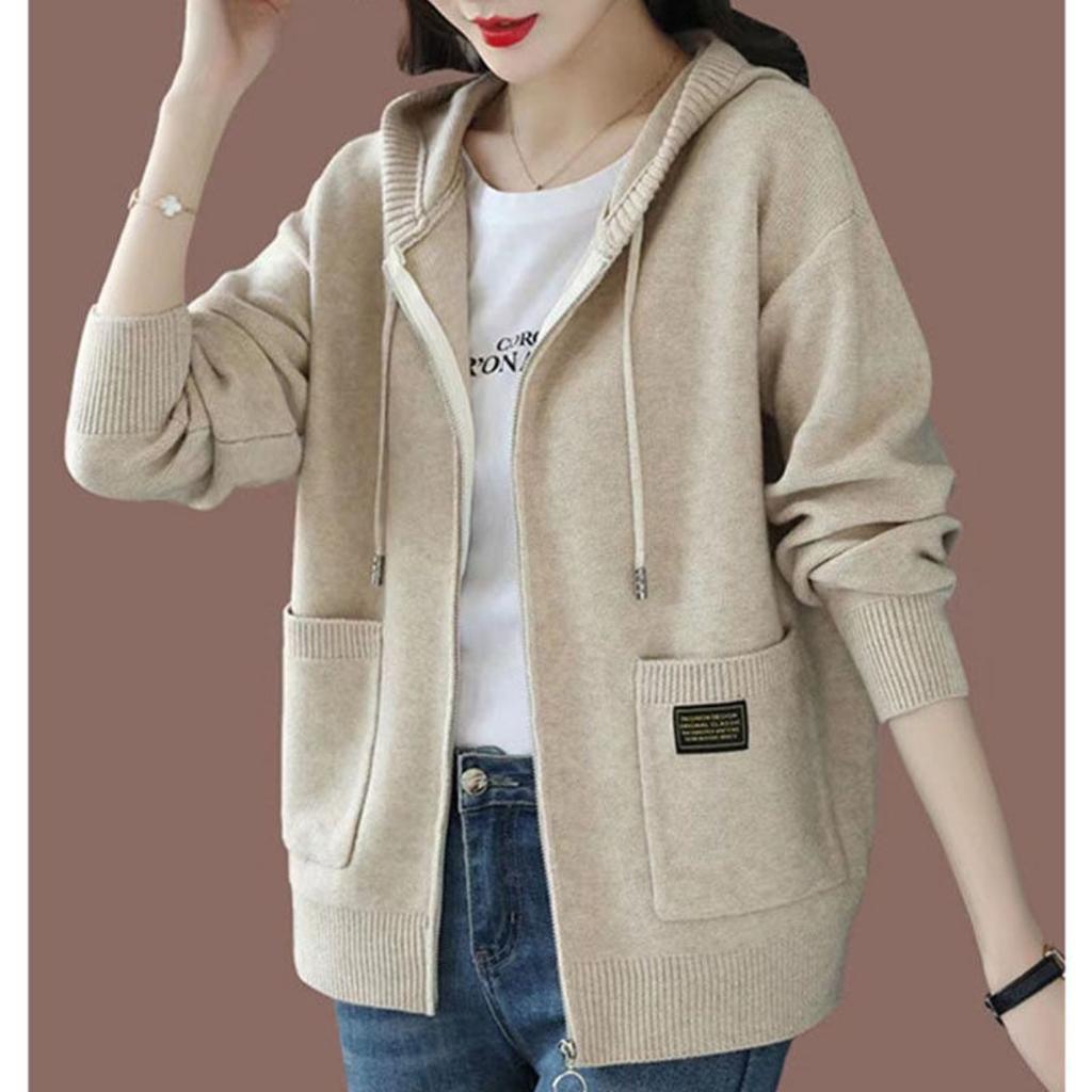 Spring and Autumn Hooded Knitted Top, Casual and Fashionable, External Zipper Sweater, Cardigan Jacket, Women's