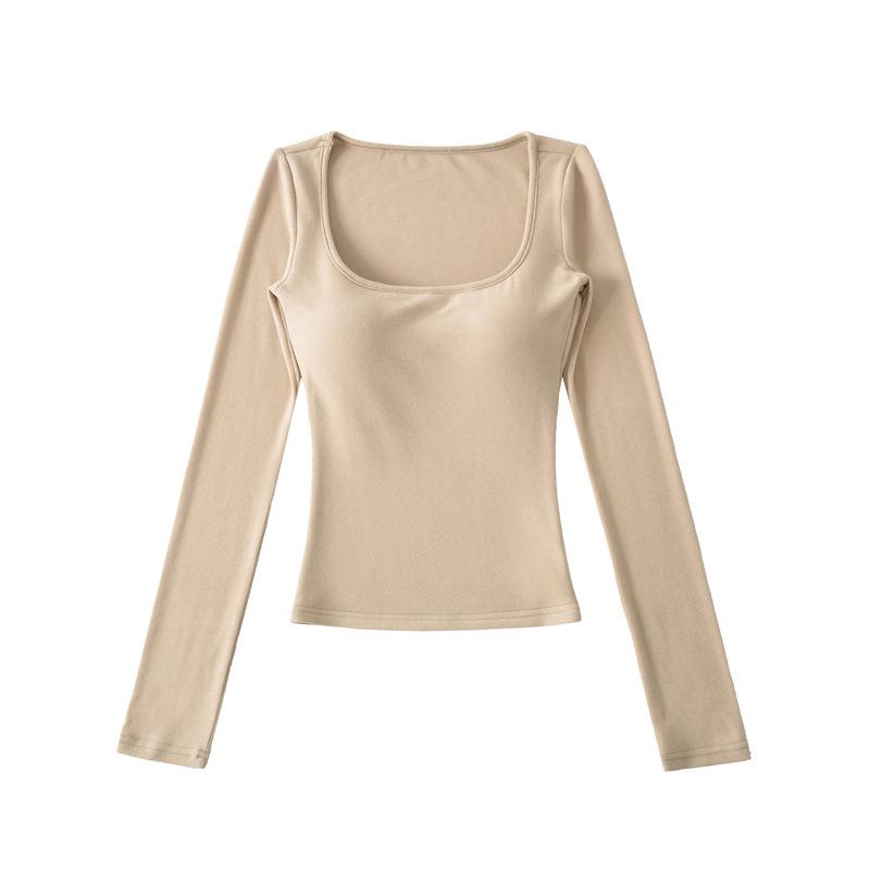 Korean Square Neck Slimming Long Sleeve T-Shirt with Chest Pads and Waist-Cinching Design for Women - Spring/Autumn