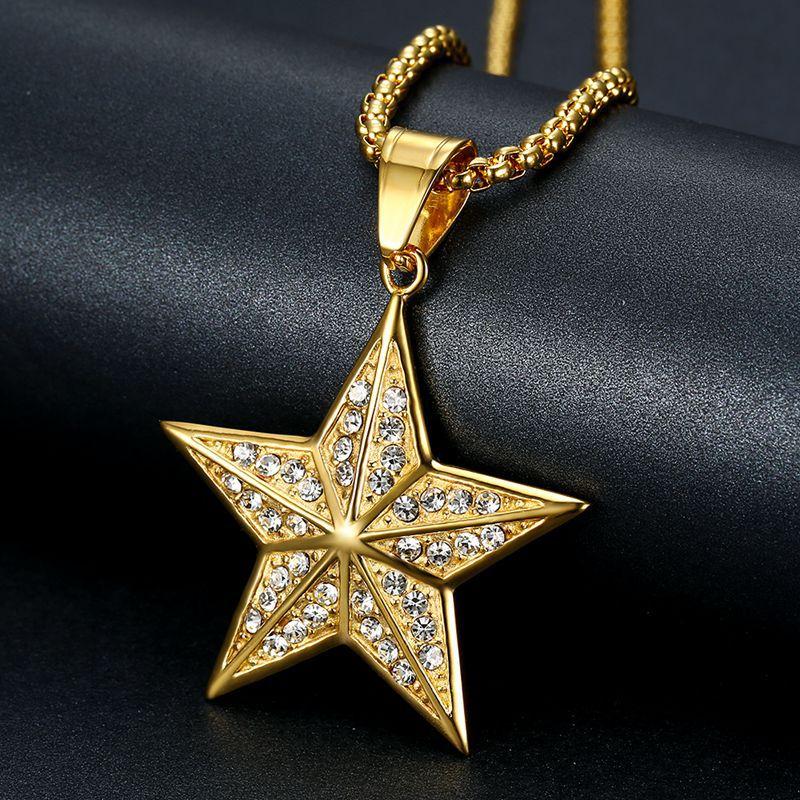 New Pendant Necklace CZ Luxury Fashion Hiphop Jewelry Gift Stainless Steel Hip Hop Iced Out Pentagram Star Women 's Men
