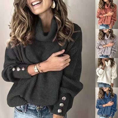 Damen Rollkragen Rippstrick Pullover Langarm Knopfmanschette Locker Lässig Einfarbig Pullover Top