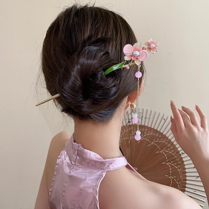 Pink/White/Blue Flower Hair Sticks Gold Color Alloy Hair Pin Ancient Chinese Floral Headpieces Pearls Pendant Hair Jewelry