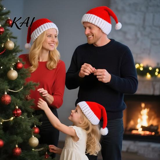 Festive Matching Hats for Christmas Markets Santa Hat, Red Knitted Hat Kids Adults, Soft Classic White Winter Xmas Party with Pompom Holiday Accessory