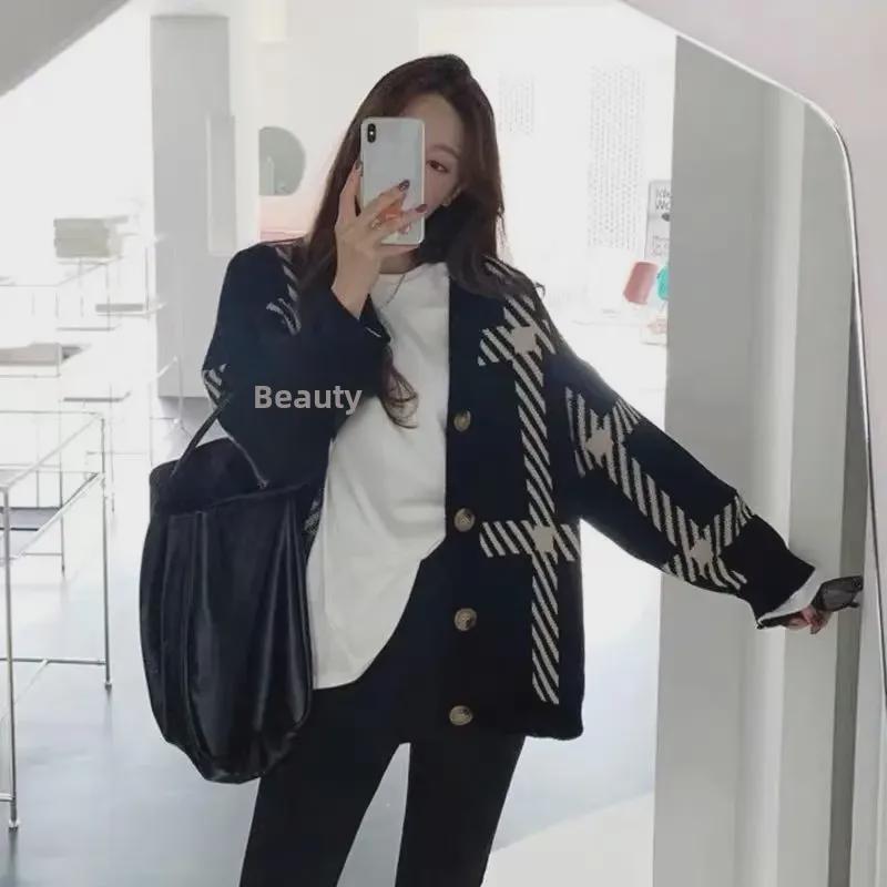 Black Striped Knit Cardigan for Women - 2025 Korean Style, Loose, Versatile, Perfect for Spring & Autumn.