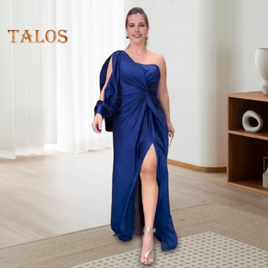 Lady Evening Dress One Shoulder Single Open Sleeve Split Hem Solid Color Slim Waist Pleated Knot Decor Solid Color Prom Cocktail Party Maxi Dress