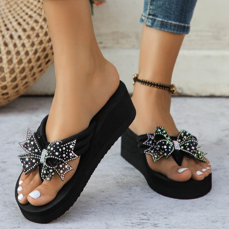Mid Heel Wedges Modern Slippers Summer Outside 2025 High Quality Shoes Female Butterfly-knot Solid Novelty Women's Slippers