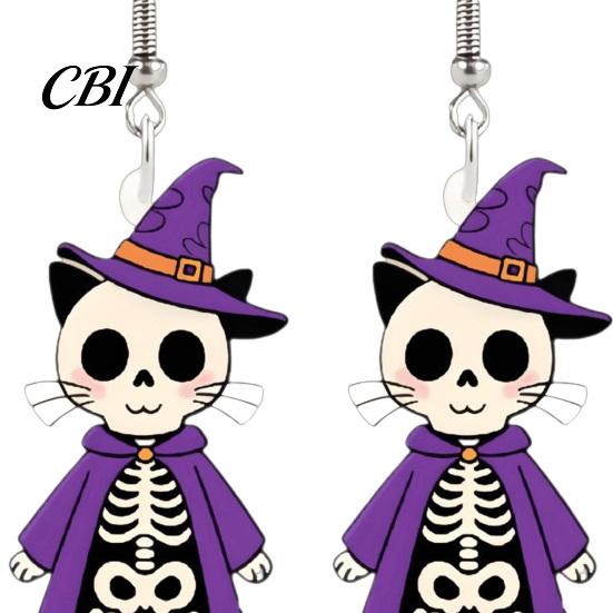 Cute Skeleton Earrings 1 Pair Halloween Cat Drop Dangle for Women, Acrylic Witch Hat Skull Hoop Earring, Theme Jewelry Gift Sweet Cool