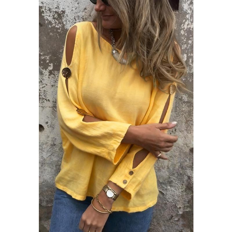Women S Solid Color Round Neck Long Sleeve Split Casual Cotton Linen Shirt S жёлтый
