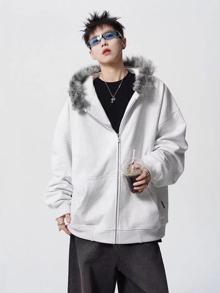 Unisex American Retro Fur Collar Hooded Cardigan