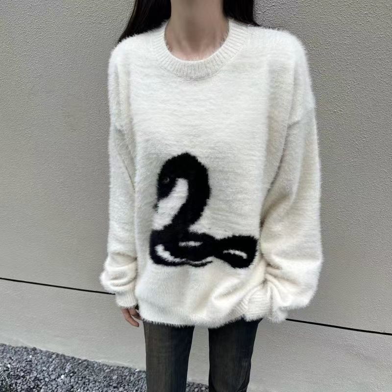 Y2k vit gotiskt tryck dam tröja Oversized Harajuku Koreanskt mode stickade tröjor Orm Höst Varm Streetwear