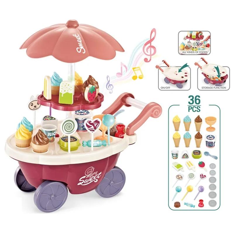 Montessori Toddler Toys Food Ice Cream Kitchen Toys Pretend Play Ice Cream Cart with Storage Trolley Toy Set for Children Gifts