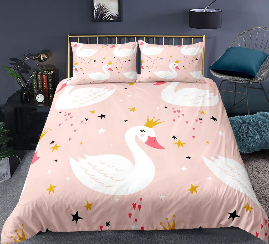 Swan Duvet Cover Set Rose Crown Comforter Cover Polyester Bedding Set Sweet Girl Romantic Quilt Cover Pink Red King Twin Size