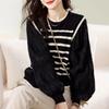 Knit Cut and Long Elegant and Border Puff Loose Cute for Perfect for and Casual Lightweight Pullover Blouse with Round Neck and Balloon Sleeves