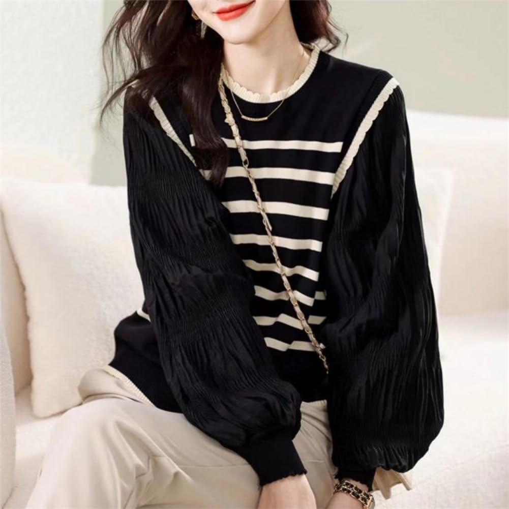 Knit Cut and Long Elegant and Border Puff Loose Cute for Perfect for and Casual Lightweight Pullover Blouse with Round Neck and Balloon Sleeves