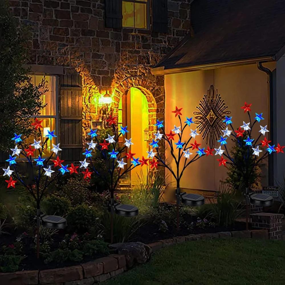 1/2/4PCS LED Red White Blue Star Solar Lights Outdoor Waterproof Fairy Atmosphere Night Light Independence Day 4th Of July Decor