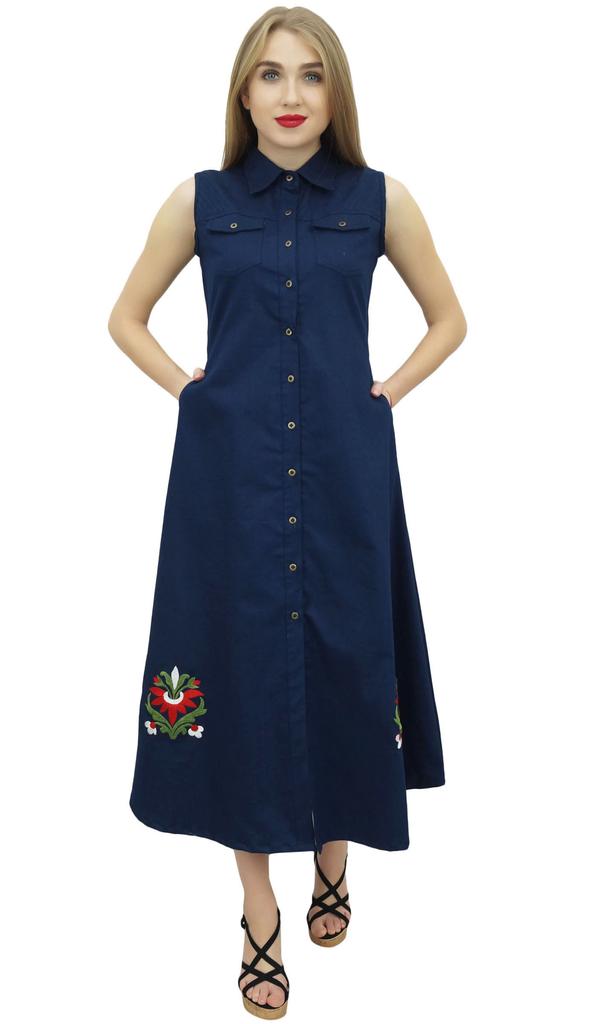 Bimba Women Classic Collar Neck Shirt Dress Dark Blue Sleeveless Dresses -