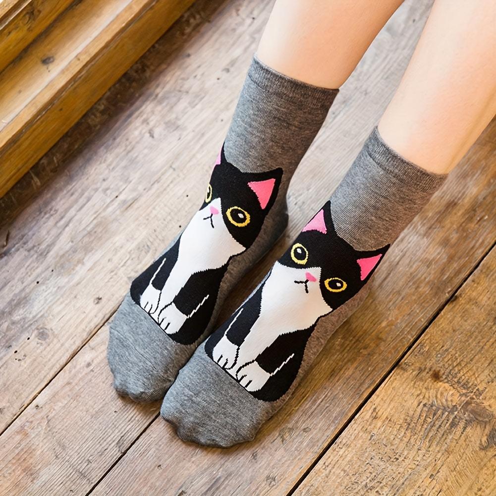 5 Paar Weiche Polyester Mädchen Niedliche Anime Katze Socken - Knöchellang mit Mehrkatzen-Designs Schwarz, Getigert, Weiß Herbstsocken für Teenager-Mädchen, Teenagerfuß