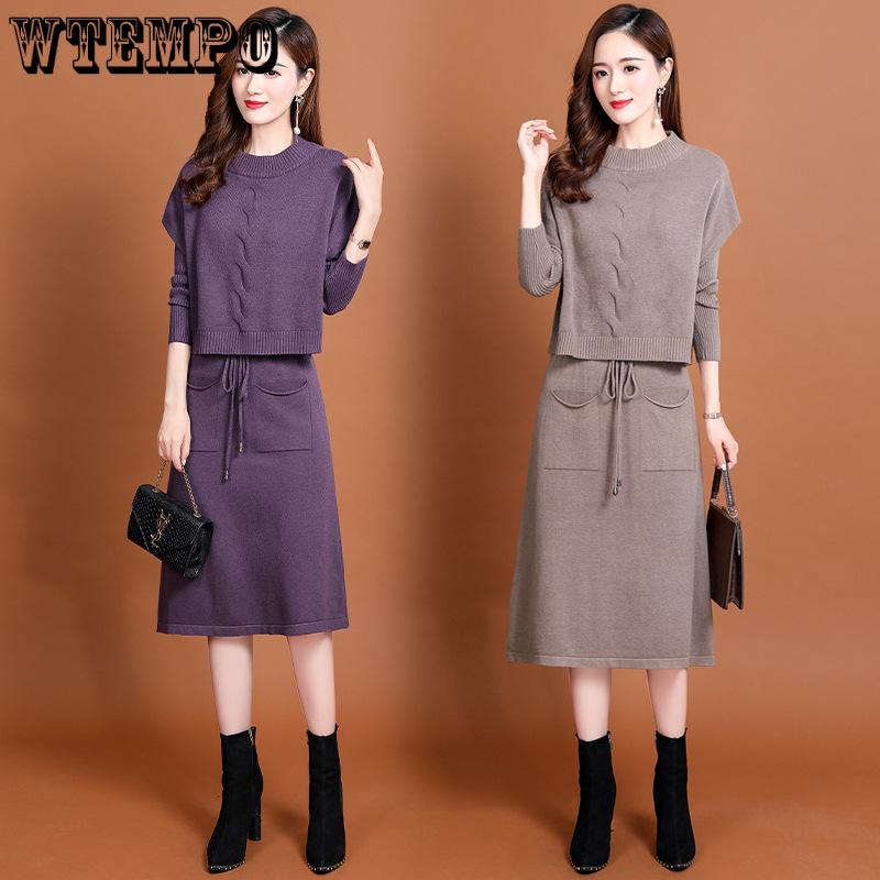 Pletené šaty pro dámský podzim a zimu Korejský styl Pas zvýrazňující Dvoudílný set Svetr Jednobarevné Dlouhý rukáv Ležérní svetrové šaty