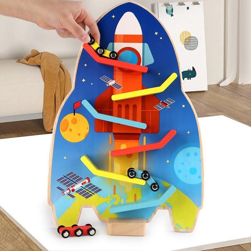 Wooden Rocket Track Toy With Inertia Mechanism For Kids Educational Play