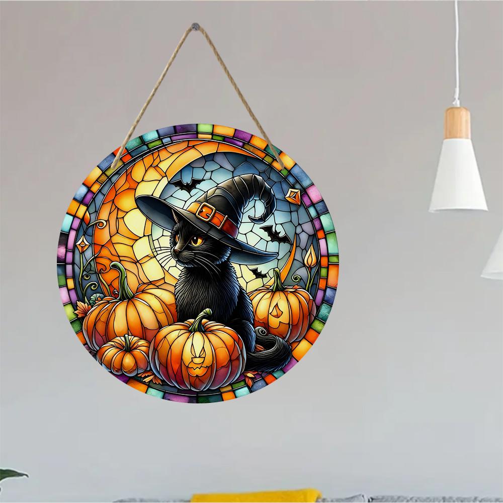 Stained glass style black cat pumpkin round wooden hanging plaque artistic wall art sign spooky autumn home holiday decoration door ornament