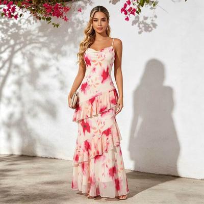 Summer New Style Wind Print Suspender Long Dress Holiday Wind Ruffle Edge Slim Dress