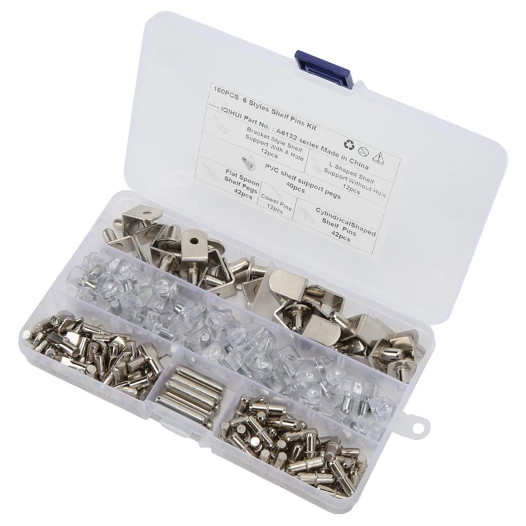 160pcs 6 Styles RV Shelf Pins Kit Nickel Shelf Support Pegs Cylindrical Pins Holder L Shaped Bracket
