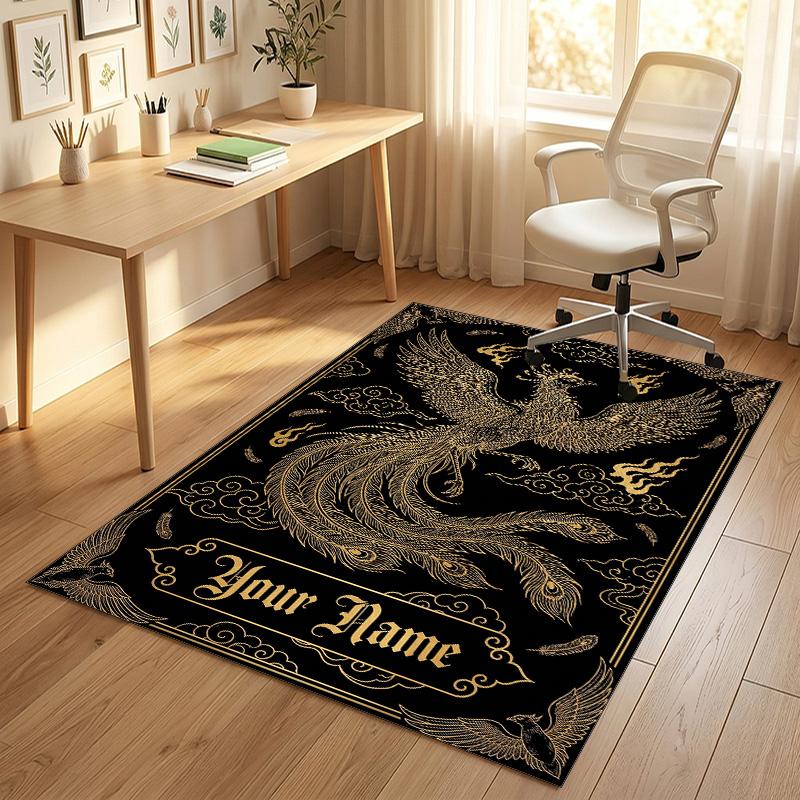 Dragon Phoenix Theme Crystal Velvet Rug Personalized Custom Name Text Soft Floor Mat Home Decor