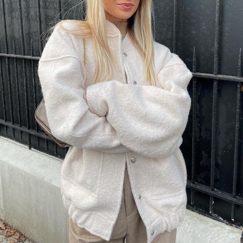 2025 Women's Casual Solid Stand Collar Long Sleeve Coat with Large Pockets