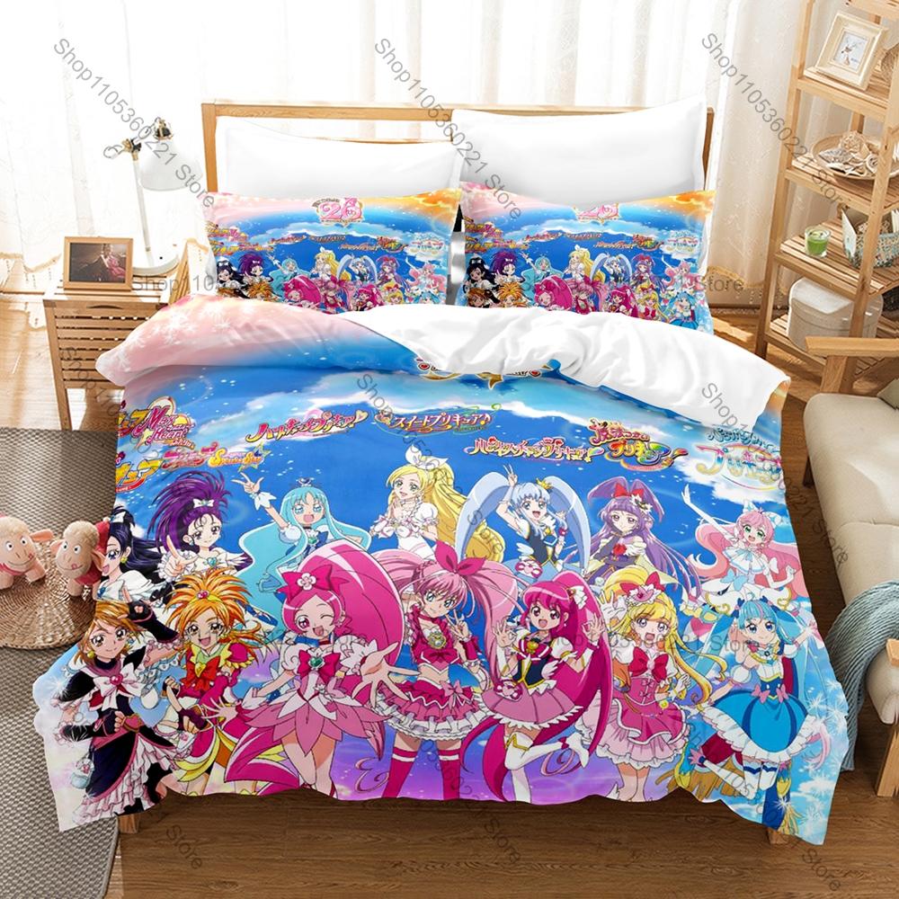 Pretty Cure Duvet Cover + 2 Pillowcases, Cute Magical Girl Anime Print Bedding Set Soft Fabric for Kids & Fans Bedroom Decor
