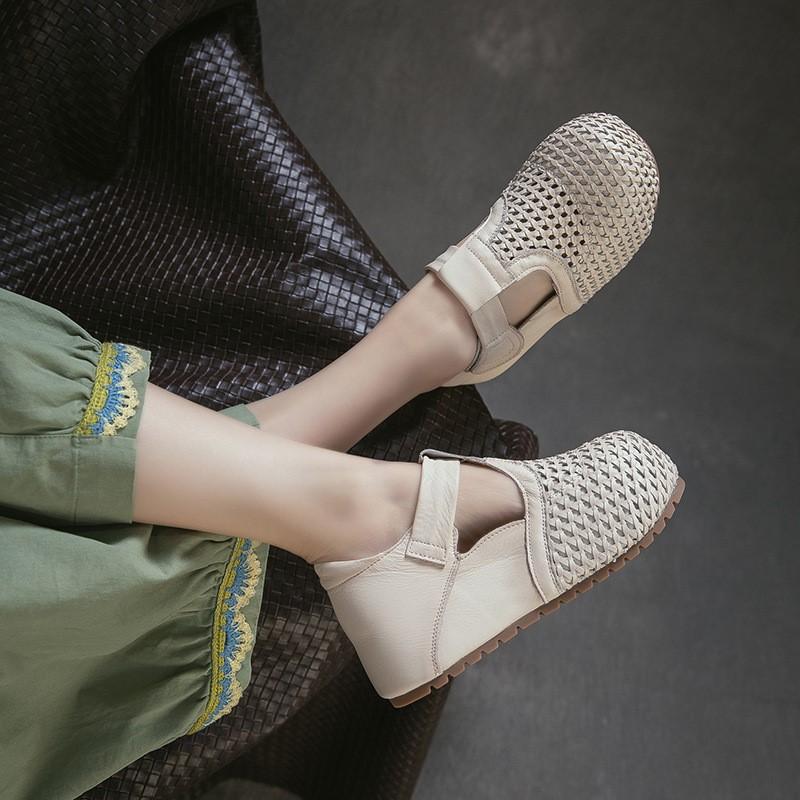 Johnature Genuine Leather Retro Woven Hollowed Out Height Increasing Sandals Comfortable Women's Shoes