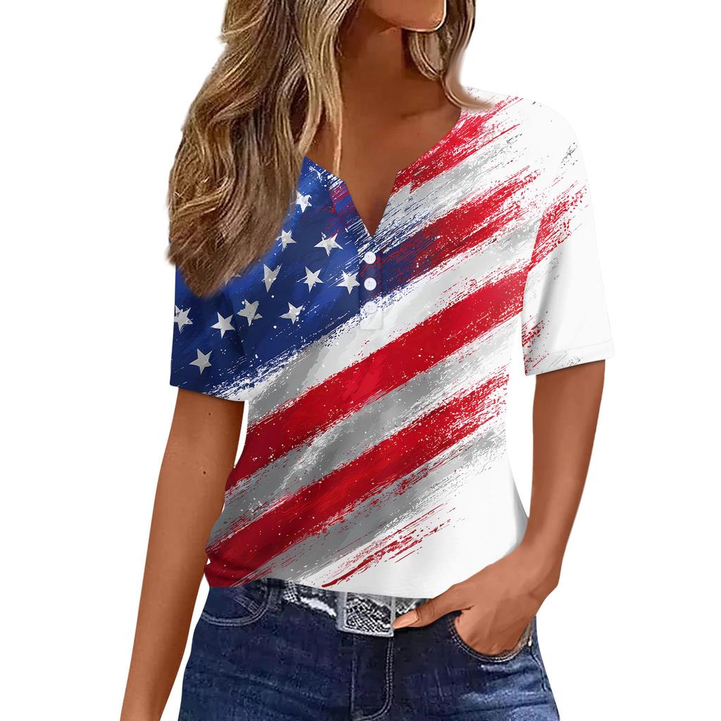 Women's T Shirt Independence Day Print Button Short Sleeve Daily Weekend Fashion Basic V- Neck Regular Top