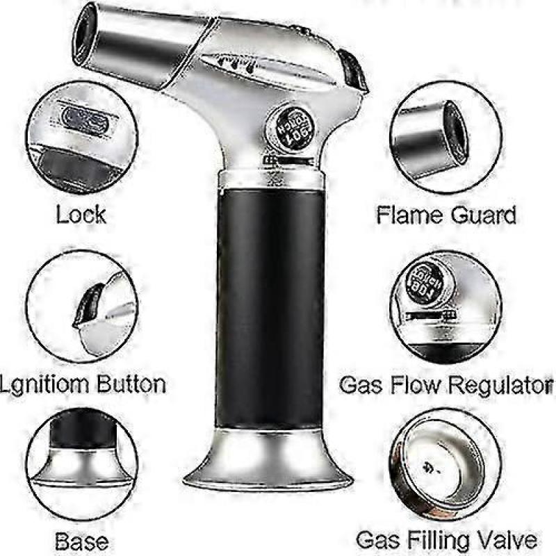 Professional kitchen cooking torch with lockable flame adjustment, mini lighter suitable for barbecuing (gas not included)