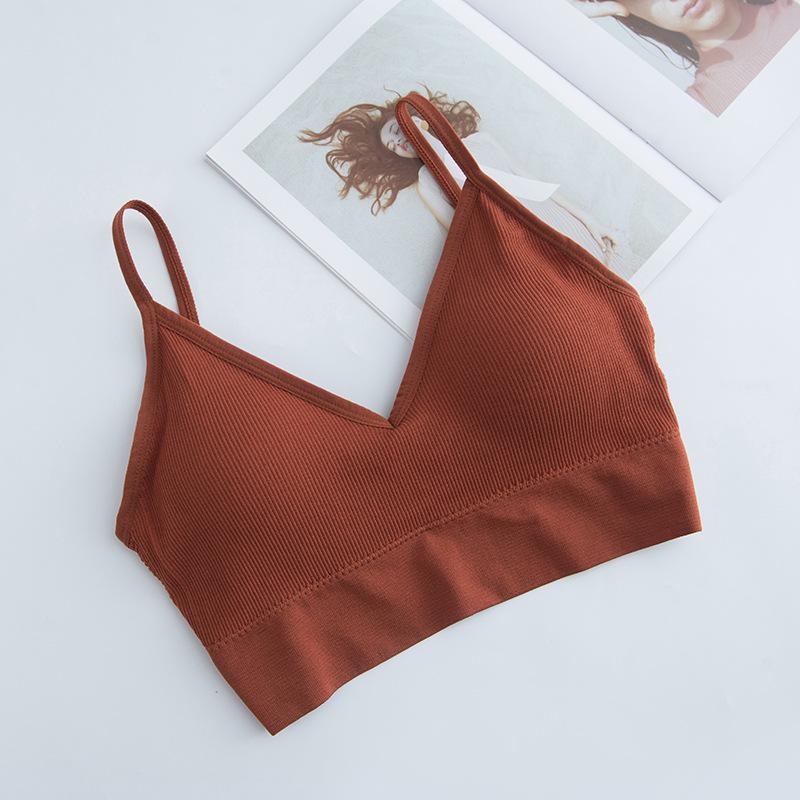 Women's Seamless Vest Lingerie Solid Color Fashion Striped V Neck Crop Top Bra Push Up Bra Comfortable Top