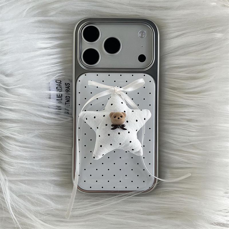 

Korean Style Polka Dot Brown Bear & Heart Star Stand Phone Case for iPhone 17/16ProMax/15/14 iPhone 17 Pro Max
