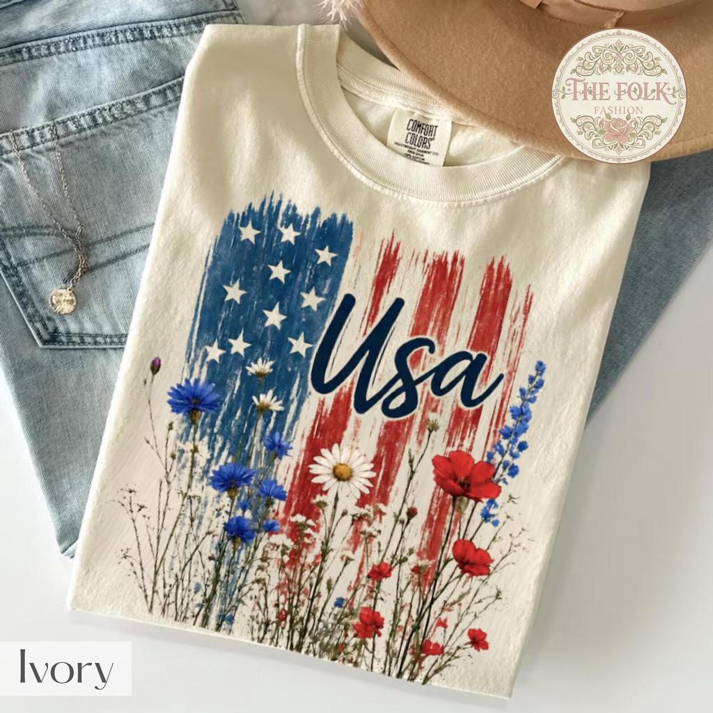 USA Wildflower Shirt, Patriotic Floral USA Flag Tee, Fourth of July Botanical T-Shirt, Comfort Colors 4th of July Shirt, Boho American Flag