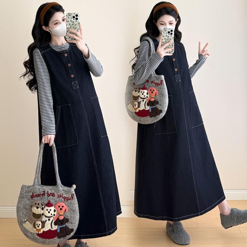 Spring 2026 Maternity Striped Top & Korean-Style Denim Pinafore Dress Set 2XL