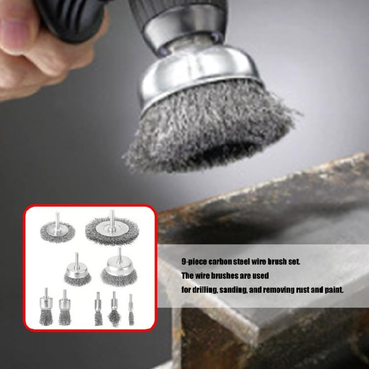 Versatilitys Drill Mounted Wire Brushes 9PCS Carbon Steel Construction For Efficient Rust Paint Debris Removal Tool