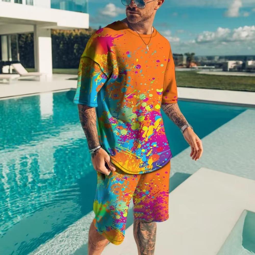 Fashionable men's sportswear summer beach short sleeved 3D printed shirt set street wear T-shirt shorts men's loose size clothes