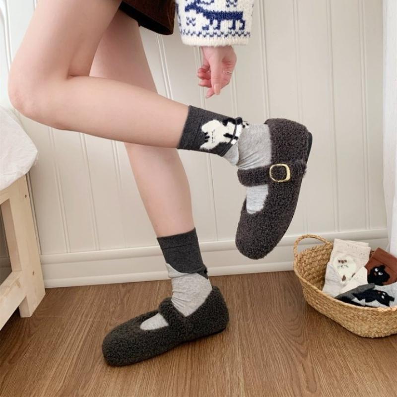 4 Pairs Autumn Winter Funny Socks Women Simple Cat-Print Mid-Calf Socks High Autumn Cute Fashion Woman Socks