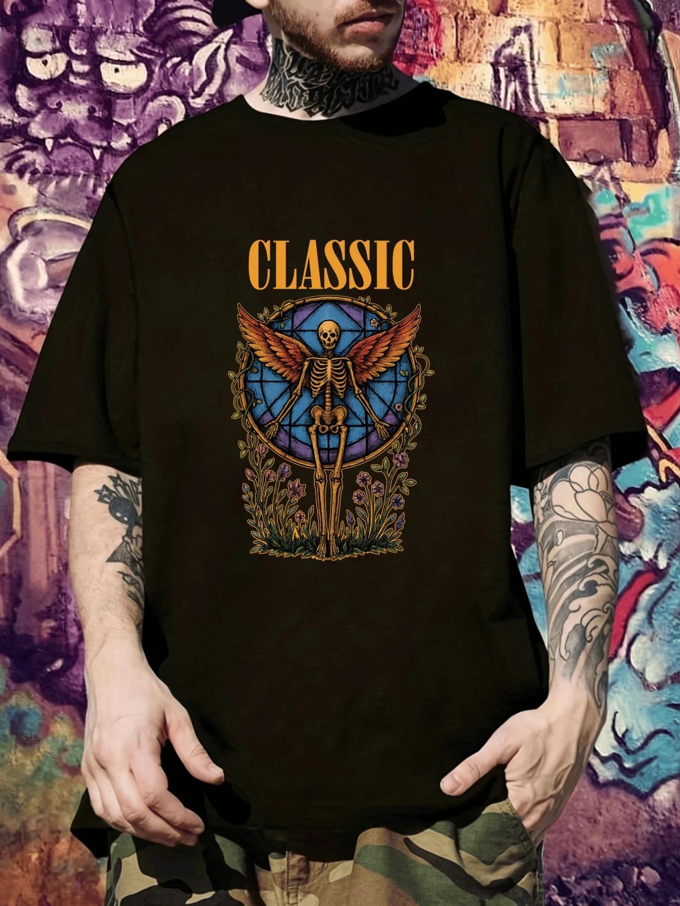 Gothic Heavy Metal T-shirt - Dark Fantasy Skeleton Graphic Tee with Wings - Black Band Shirt for Concerts XXXL