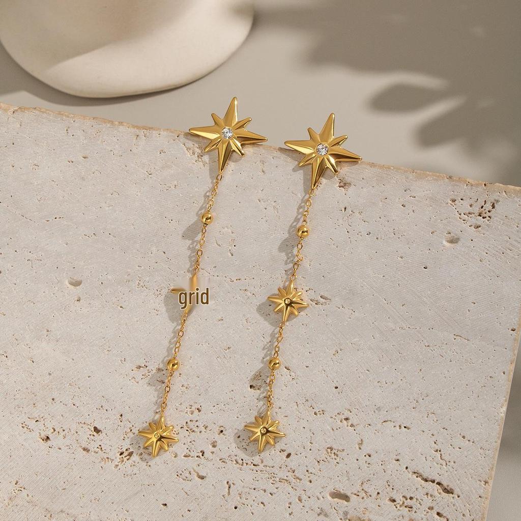 Collier Y-Chain à pampilles étoile à huit branches élégante Xia Ling, Acier inoxydable, Plaqué or 18 carats, Bijou polyvalent pour femmes