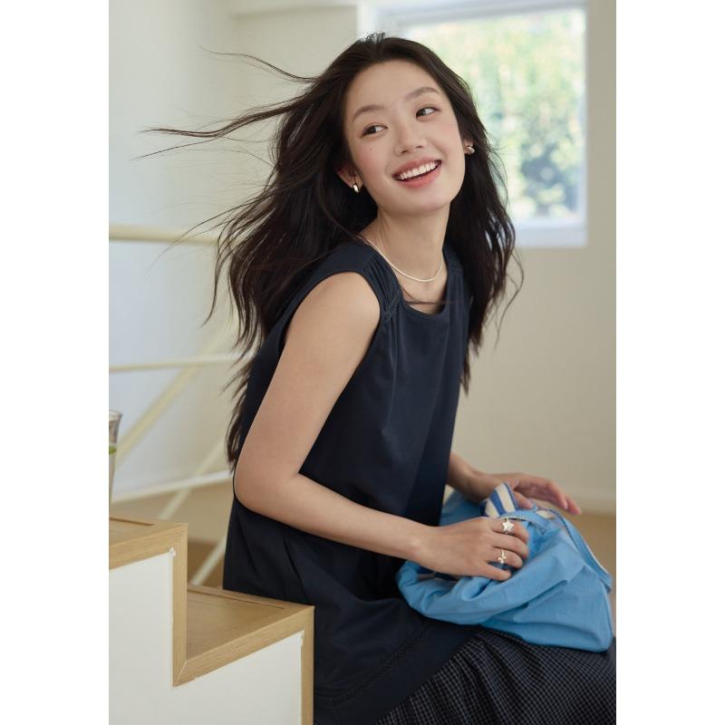 Temperament Splicing Plaid Dark Blue Dress Women s Spring and Summer Sleeveless Skinny Vest Long Dress S