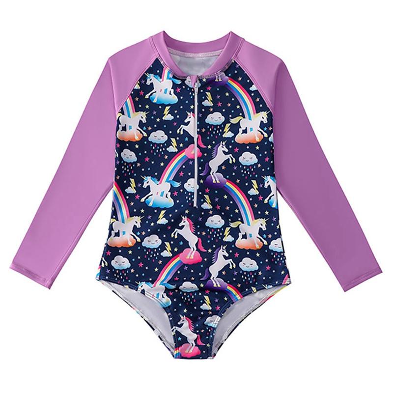 Girls One-piece Cartoon Swimsuit Children's Front Zipper Long Sleeve Summer Swimwear Beach Bathing Suit Jumpsuits Baby Swimsuit